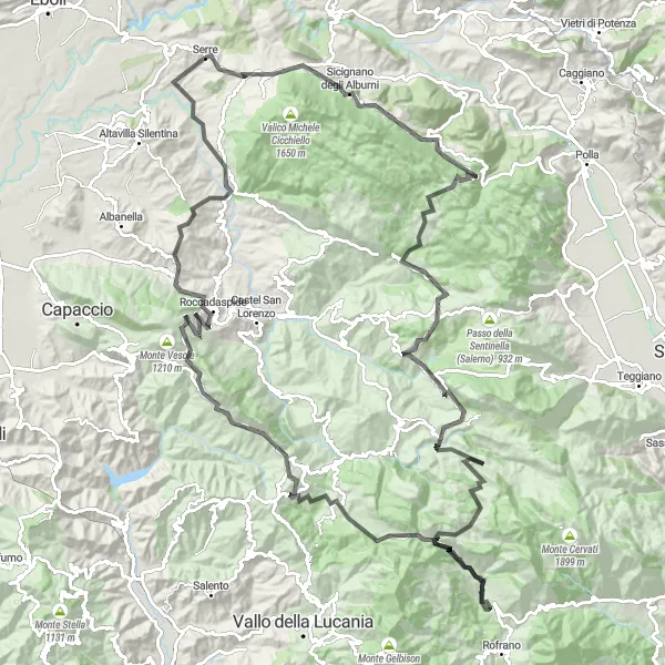 Miniatura della mappa di ispirazione al ciclismo "Ciclismo avventuroso tra Monte Pruno e Ponte Medievale sul Calore" nella regione di Campania, Italy. Generata da Tarmacs.app, pianificatore di rotte ciclistiche