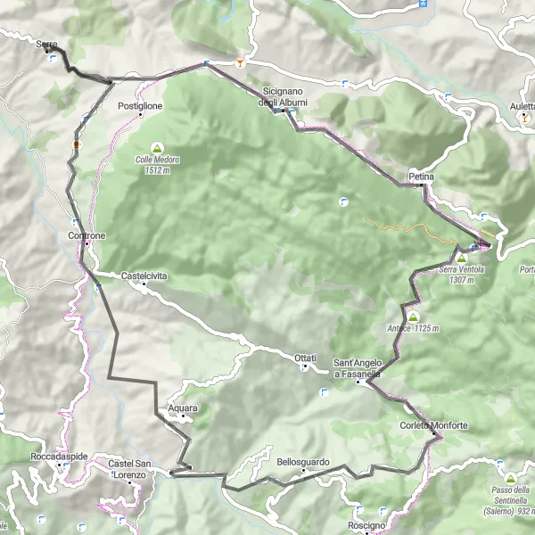 Miniatura della mappa di ispirazione al ciclismo "Il Giro degli Alburni" nella regione di Campania, Italy. Generata da Tarmacs.app, pianificatore di rotte ciclistiche