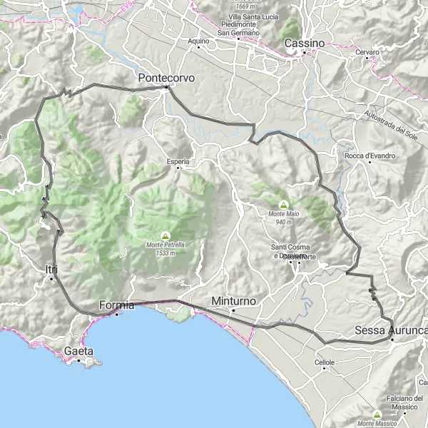 Map miniature of "Archaeological Route to Minturno" cycling inspiration in Campania, Italy. Generated by Tarmacs.app cycling route planner