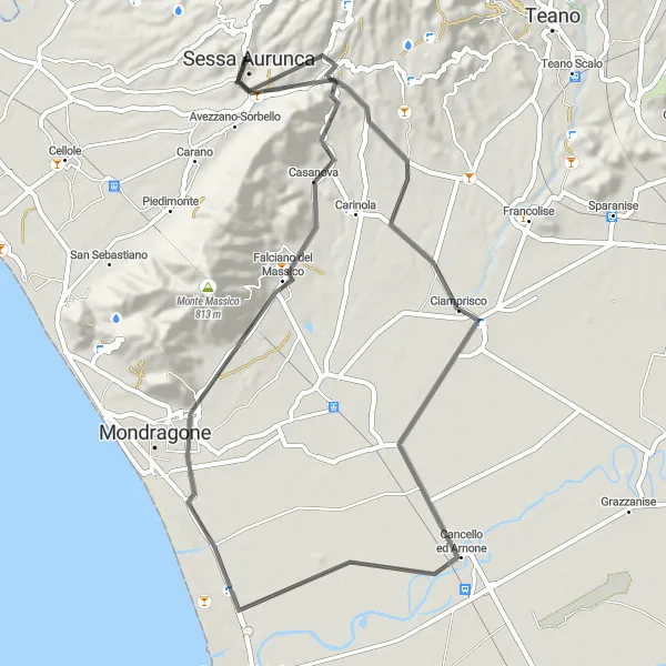 Miniatura della mappa di ispirazione al ciclismo "Tour stradale intorno a Sessa Aurunca" nella regione di Campania, Italy. Generata da Tarmacs.app, pianificatore di rotte ciclistiche