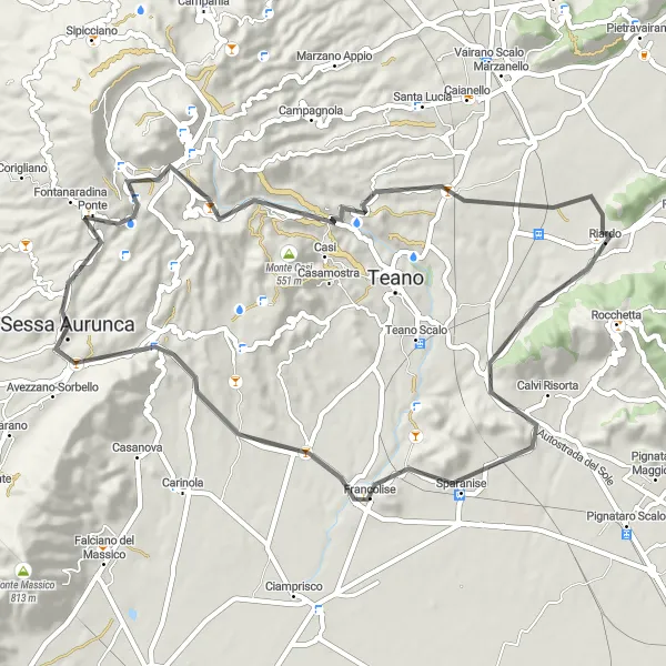 Miniatura della mappa di ispirazione al ciclismo "Giro in bicicletta da Sessa Aurunca" nella regione di Campania, Italy. Generata da Tarmacs.app, pianificatore di rotte ciclistiche