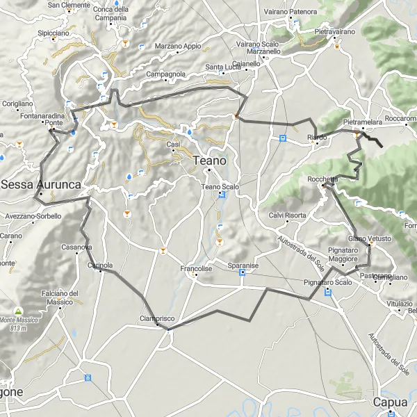 Miniatura della mappa di ispirazione al ciclismo "Avventura ciclistica tra Sessa Aurunca e Cascano" nella regione di Campania, Italy. Generata da Tarmacs.app, pianificatore di rotte ciclistiche
