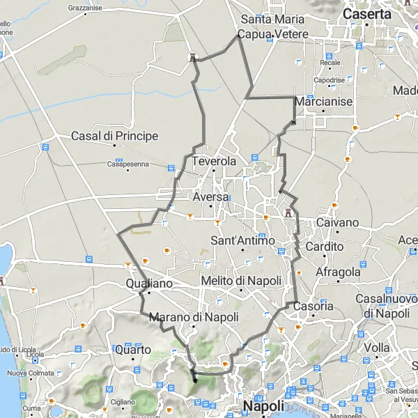 Miniatura della mappa di ispirazione al ciclismo "Tour in bici da Soccavo a Qualiano e dintorni" nella regione di Campania, Italy. Generata da Tarmacs.app, pianificatore di rotte ciclistiche