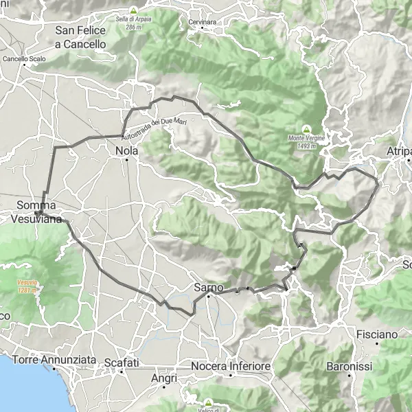 Map miniature of "The Avellino Challenge" cycling inspiration in Campania, Italy. Generated by Tarmacs.app cycling route planner