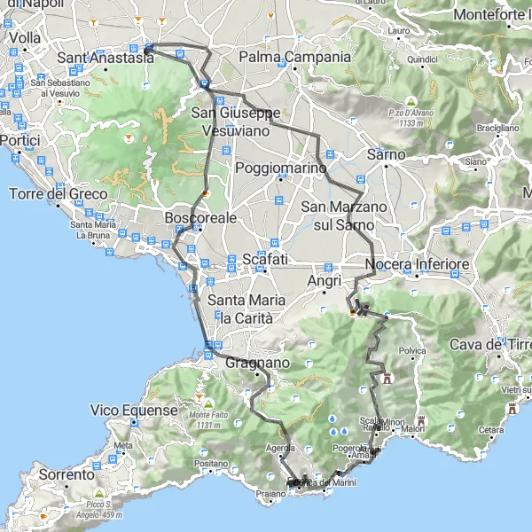 Miniatura della mappa di ispirazione al ciclismo "Tour attraverso le meraviglie della Costiera Amalfitana" nella regione di Campania, Italy. Generata da Tarmacs.app, pianificatore di rotte ciclistiche
