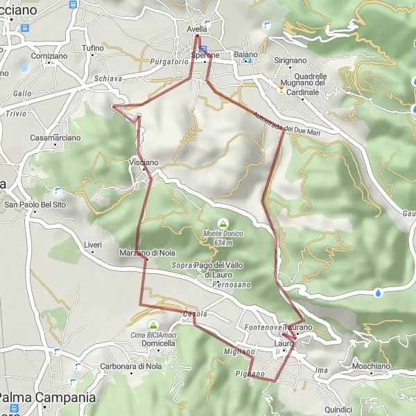 Map miniature of "Lauro and the Purgatorio Gravel" cycling inspiration in Campania, Italy. Generated by Tarmacs.app cycling route planner
