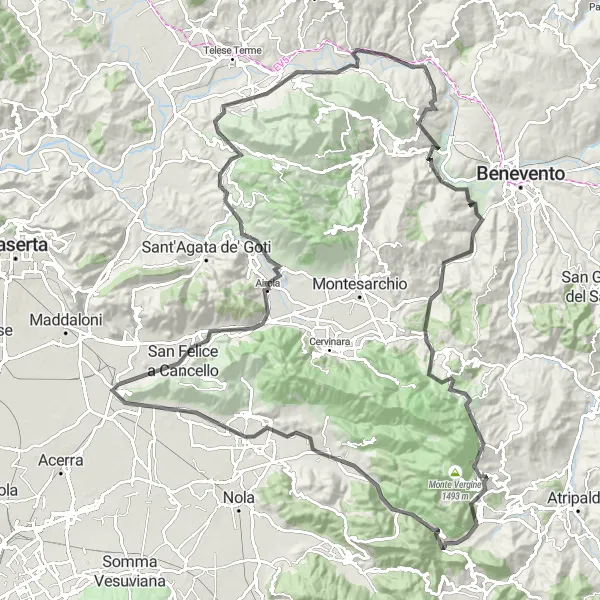 Miniatura della mappa di ispirazione al ciclismo "Giro in bici di 144km da Sperone" nella regione di Campania, Italy. Generata da Tarmacs.app, pianificatore di rotte ciclistiche