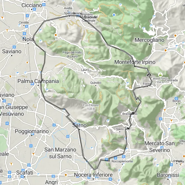 Miniatura della mappa di ispirazione al ciclismo "Giro in bici di 74km tra Sperone e Nola" nella regione di Campania, Italy. Generata da Tarmacs.app, pianificatore di rotte ciclistiche