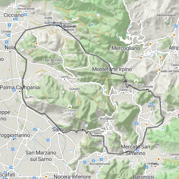 Map miniature of "Scenic Road Cycling through Mercato San Severino" cycling inspiration in Campania, Italy. Generated by Tarmacs.app cycling route planner