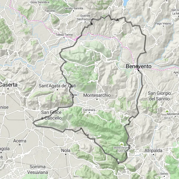 Miniatura della mappa di ispirazione al ciclismo "Scoperta dei borghi campani in bicicletta" nella regione di Campania, Italy. Generata da Tarmacs.app, pianificatore di rotte ciclistiche