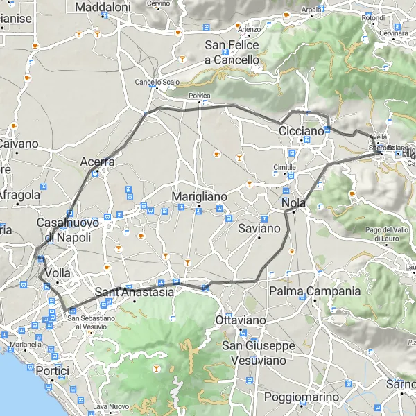 Miniatura della mappa di ispirazione al ciclismo "Giro cicloturistico tra antichi borghi campani" nella regione di Campania, Italy. Generata da Tarmacs.app, pianificatore di rotte ciclistiche