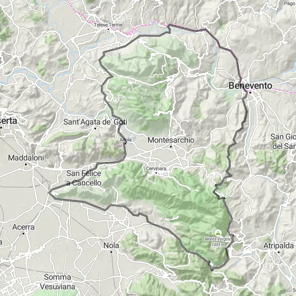 Miniatura della mappa di ispirazione al ciclismo "Tour enogastronomico in bicicletta nella provincia di Benevento" nella regione di Campania, Italy. Generata da Tarmacs.app, pianificatore di rotte ciclistiche