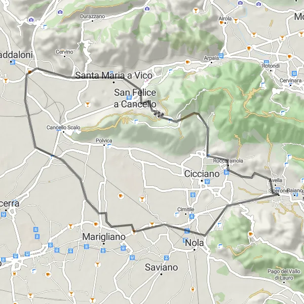 Miniatura della mappa di ispirazione al ciclismo "Percorso di 55km tra Marigliano e Roccarainola" nella regione di Campania, Italy. Generata da Tarmacs.app, pianificatore di rotte ciclistiche