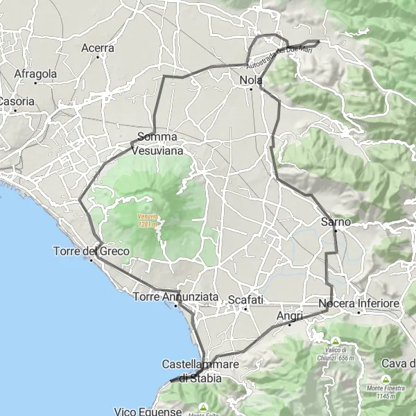 Miniatura della mappa di ispirazione al ciclismo "Tra borghi e paesaggi della Costiera Amalfitana in bicicletta" nella regione di Campania, Italy. Generata da Tarmacs.app, pianificatore di rotte ciclistiche