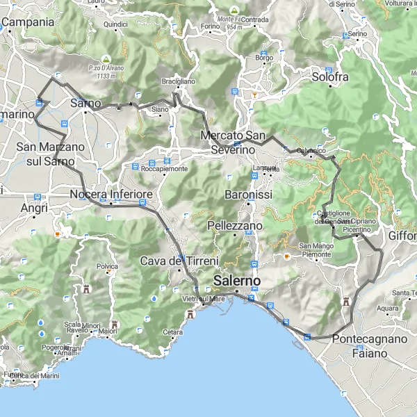 Map miniature of "Salerno Excursion" cycling inspiration in Campania, Italy. Generated by Tarmacs.app cycling route planner