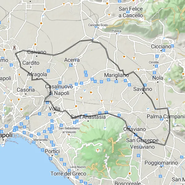 Map miniature of "Succivo - Caivano - Saviano - San Giuseppe Vesuviano - Sant'Anastasia - Afragola Loop" cycling inspiration in Campania, Italy. Generated by Tarmacs.app cycling route planner