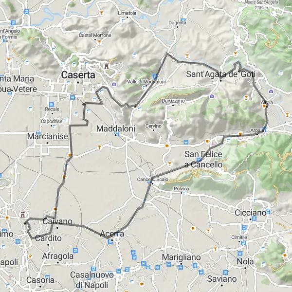 Map miniature of "Succivo to Valle di Maddaloni Loop" cycling inspiration in Campania, Italy. Generated by Tarmacs.app cycling route planner