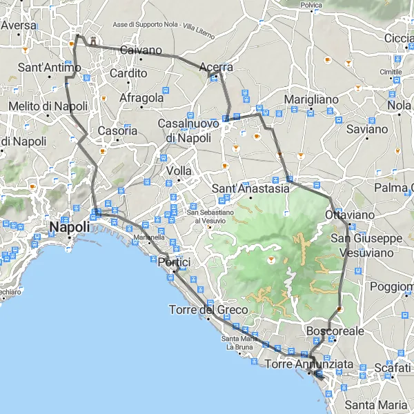 Map miniature of "Pomigliano d'Arco to Torre del Greco Loop" cycling inspiration in Campania, Italy. Generated by Tarmacs.app cycling route planner