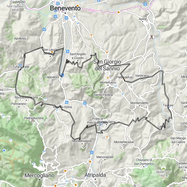 Map miniature of "Taurasi to Lapio to Monte Caprio to Montefredane to Resti di Ponte Apollosa to Taurasi" cycling inspiration in Campania, Italy. Generated by Tarmacs.app cycling route planner