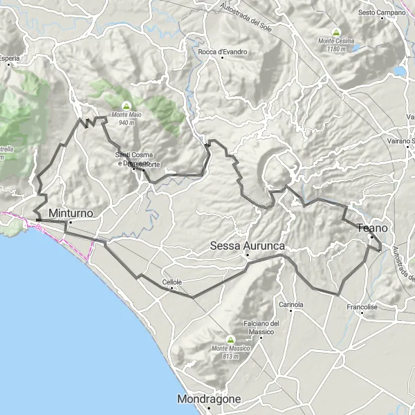 Miniatura della mappa di ispirazione al ciclismo "Il giro epico di Castelforte" nella regione di Campania, Italy. Generata da Tarmacs.app, pianificatore di rotte ciclistiche