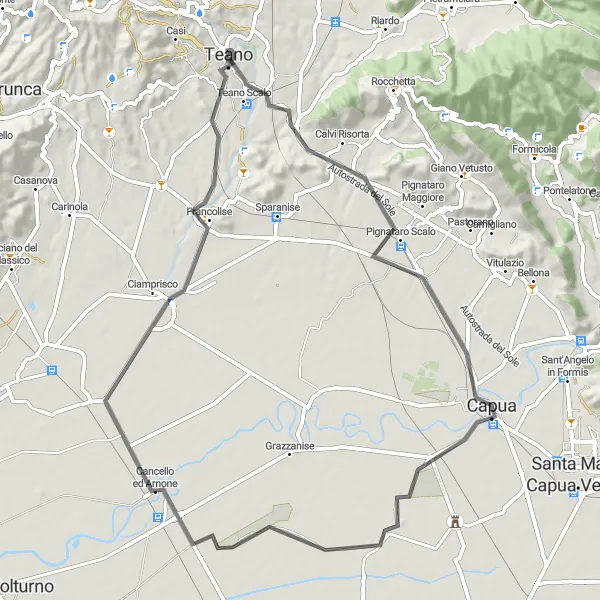 Miniatura della mappa di ispirazione al ciclismo "Il giro delle colline di Teano" nella regione di Campania, Italy. Generata da Tarmacs.app, pianificatore di rotte ciclistiche