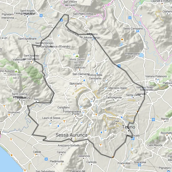 Miniatura della mappa di ispirazione al ciclismo "Alla scoperta di Sessa Aurunca" nella regione di Campania, Italy. Generata da Tarmacs.app, pianificatore di rotte ciclistiche