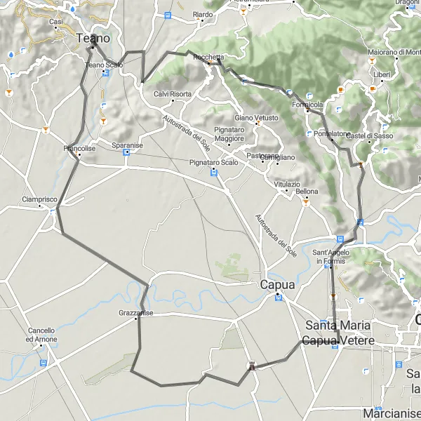 Map miniature of "Rocchetta to Teano Loop" cycling inspiration in Campania, Italy. Generated by Tarmacs.app cycling route planner