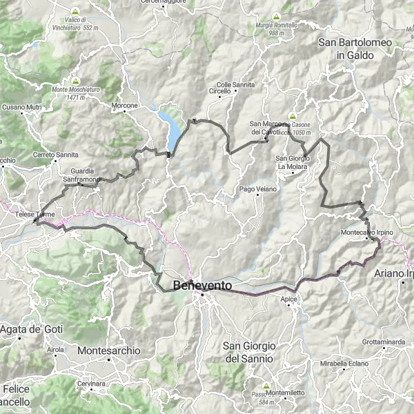 Map miniature of "The Mountainous Adventure" cycling inspiration in Campania, Italy. Generated by Tarmacs.app cycling route planner