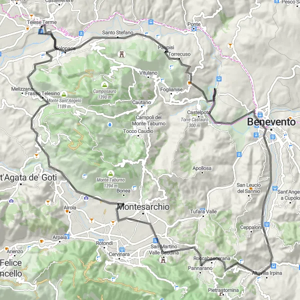 Map miniature of "The Adventurous Escape" cycling inspiration in Campania, Italy. Generated by Tarmacs.app cycling route planner