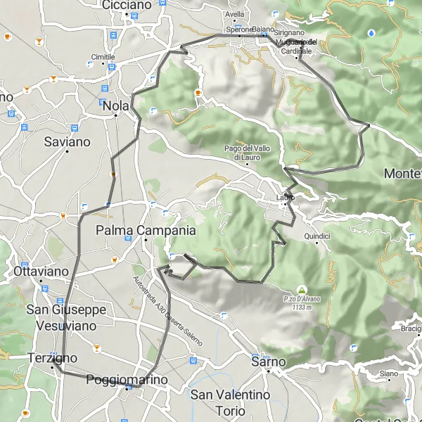 Map miniature of "Terzigno-San Giuseppe Vesuviano Route" cycling inspiration in Campania, Italy. Generated by Tarmacs.app cycling route planner