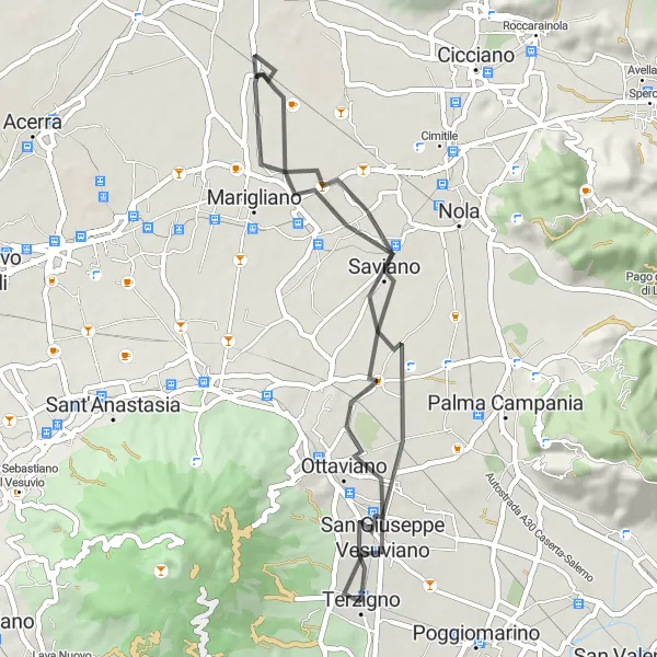 Miniatura della mappa di ispirazione al ciclismo "Ciclabile tra San Giuseppe Vesuviano e Ottaviano" nella regione di Campania, Italy. Generata da Tarmacs.app, pianificatore di rotte ciclistiche