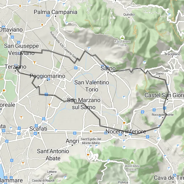 Map miniature of "Terzigno-San Giuseppe Vesuviano-Sarno Route" cycling inspiration in Campania, Italy. Generated by Tarmacs.app cycling route planner