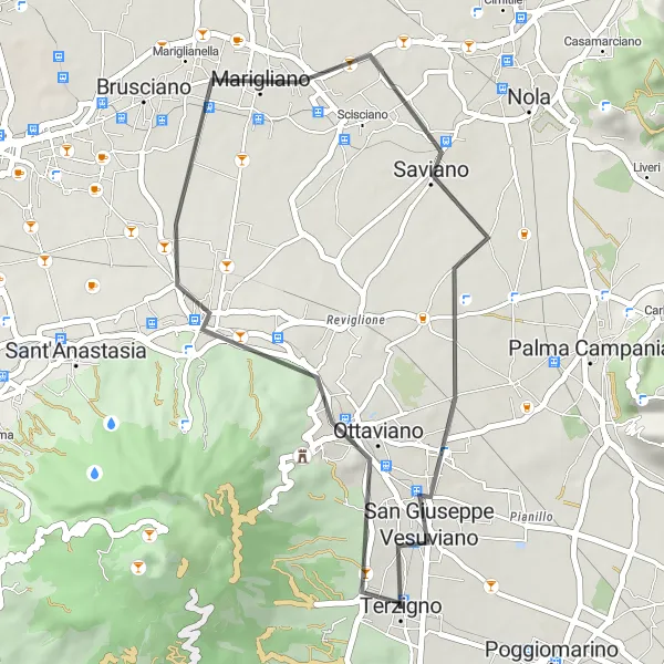 Miniatura della mappa di ispirazione al ciclismo "Giro in bicicletta da Terzigno ad Ottaviano e ritorno" nella regione di Campania, Italy. Generata da Tarmacs.app, pianificatore di rotte ciclistiche