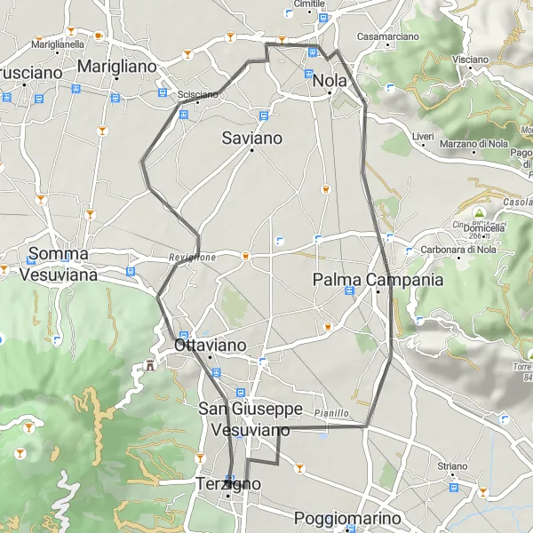 Miniatura della mappa di ispirazione al ciclismo "Giro pedalando tra Ottaviano e Palma Campania" nella regione di Campania, Italy. Generata da Tarmacs.app, pianificatore di rotte ciclistiche