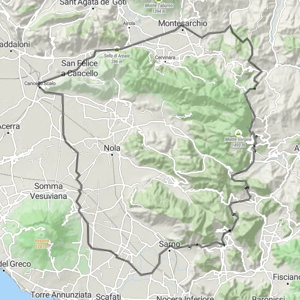 Map miniature of "Terzigno to Sarno Loop" cycling inspiration in Campania, Italy. Generated by Tarmacs.app cycling route planner