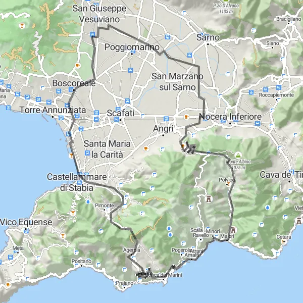 Miniatura della mappa di ispirazione al ciclismo "Avventura ciclistica tra Poggiomarino e Boscoreale" nella regione di Campania, Italy. Generata da Tarmacs.app, pianificatore di rotte ciclistiche