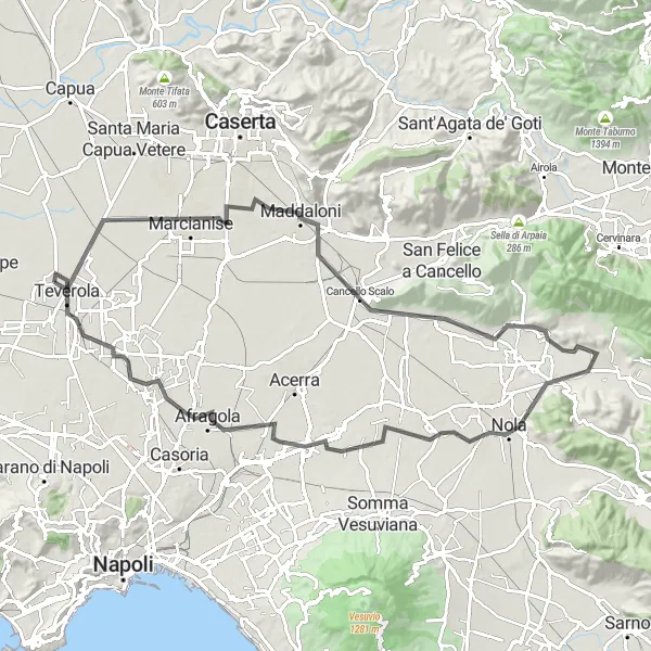 Miniatura della mappa di ispirazione al ciclismo "Giro in bicicletta da Teverola al Castello del Matinale e Afragola" nella regione di Campania, Italy. Generata da Tarmacs.app, pianificatore di rotte ciclistiche