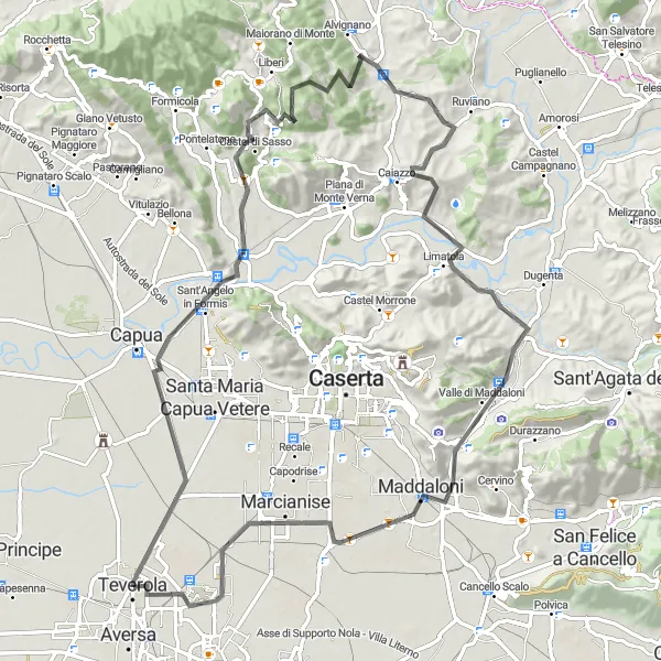 Miniatura della mappa di ispirazione al ciclismo "Giro in bicicletta da Teverola a Monte Caracciolo" nella regione di Campania, Italy. Generata da Tarmacs.app, pianificatore di rotte ciclistiche