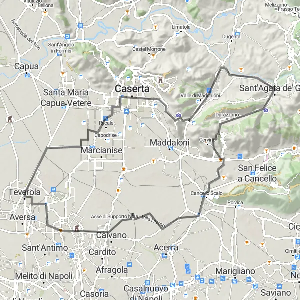 Miniatura della mappa di ispirazione al ciclismo "Giro in bicicletta da Teverola a Carinaro" nella regione di Campania, Italy. Generata da Tarmacs.app, pianificatore di rotte ciclistiche