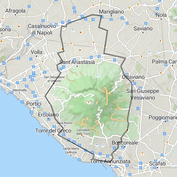 Miniatura della mappa di ispirazione al ciclismo "Itinerario ciclabile da Torre Annunziata a Boscoreale" nella regione di Campania, Italy. Generata da Tarmacs.app, pianificatore di rotte ciclistiche