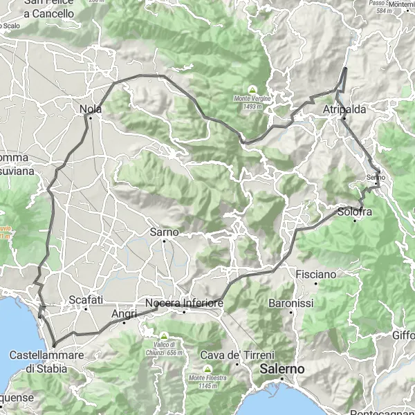 Miniatura della mappa di ispirazione al ciclismo "Giro in bicicletta da Torre Annunziata a Pioppaino" nella regione di Campania, Italy. Generata da Tarmacs.app, pianificatore di rotte ciclistiche