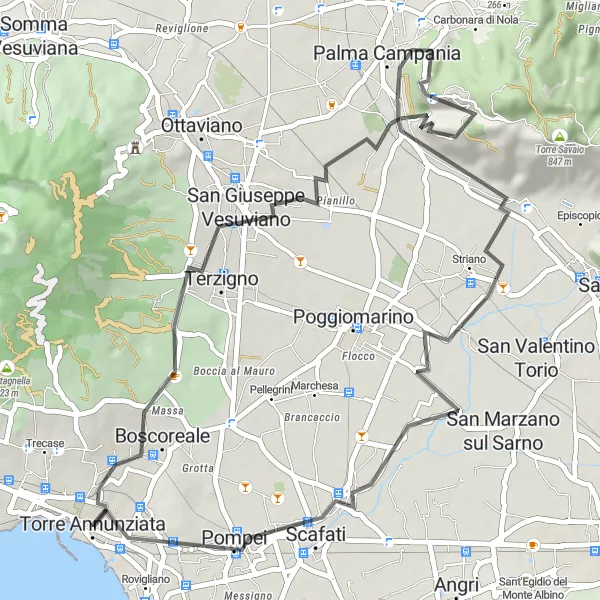 Miniatura della mappa di ispirazione al ciclismo "Tour in Bicicletta tra Torre Annunziata e Pompei" nella regione di Campania, Italy. Generata da Tarmacs.app, pianificatore di rotte ciclistiche