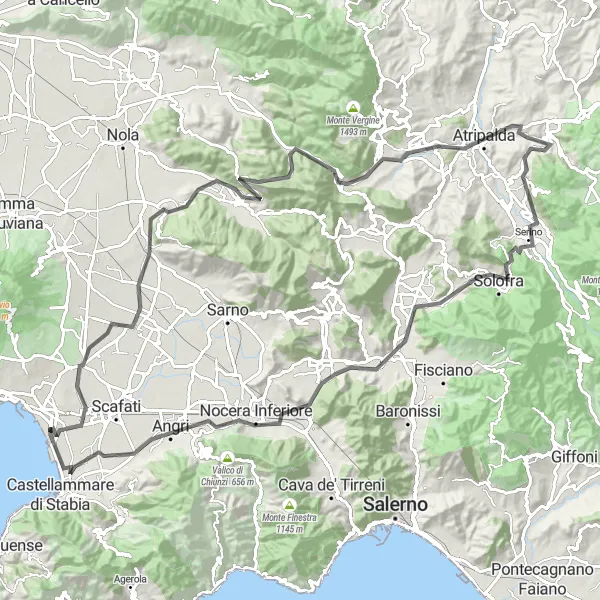 Miniatura della mappa di ispirazione al ciclismo "Giro in bicicletta da Torre Annunziata a Rovigliano" nella regione di Campania, Italy. Generata da Tarmacs.app, pianificatore di rotte ciclistiche