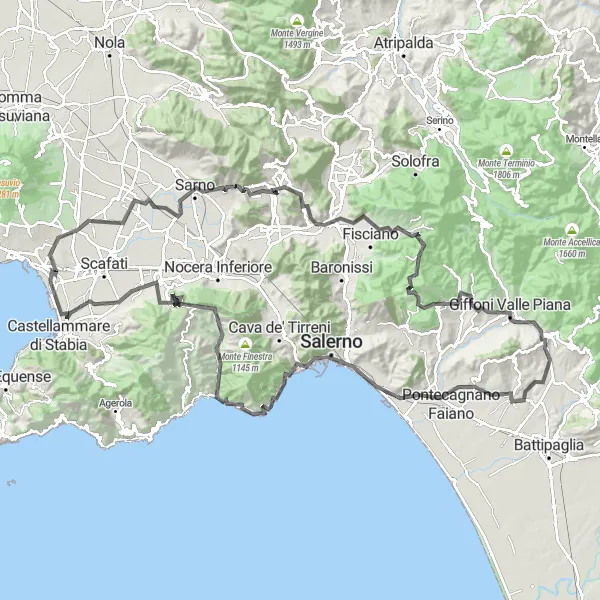 Miniatura della mappa di ispirazione al ciclismo "Giro panoramico sul Monte Monna e Mercato San Severino" nella regione di Campania, Italy. Generata da Tarmacs.app, pianificatore di rotte ciclistiche