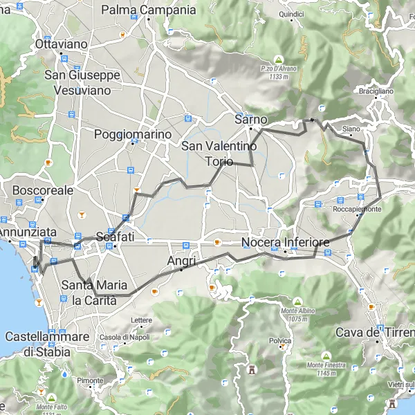 Miniatura della mappa di ispirazione al ciclismo "Giro in bicicletta lungo la costa" nella regione di Campania, Italy. Generata da Tarmacs.app, pianificatore di rotte ciclistiche