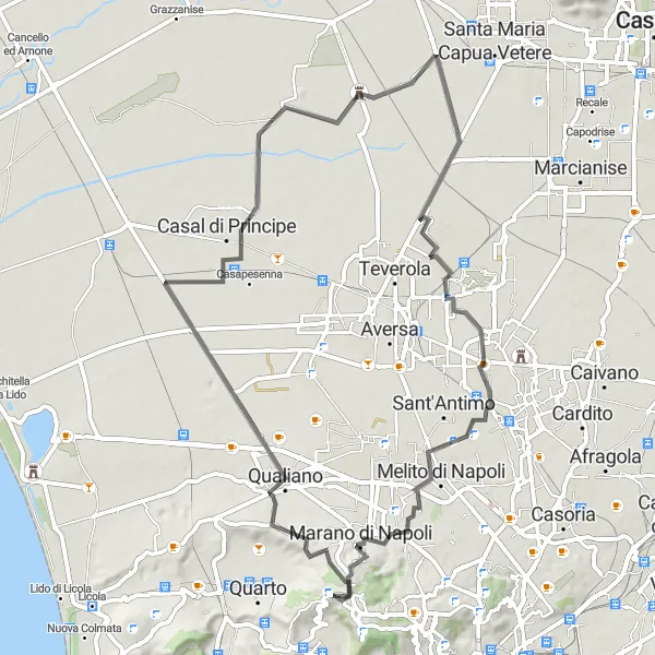 Miniatura della mappa di ispirazione al ciclismo "Tour tra borghi storici" nella regione di Campania, Italy. Generata da Tarmacs.app, pianificatore di rotte ciclistiche