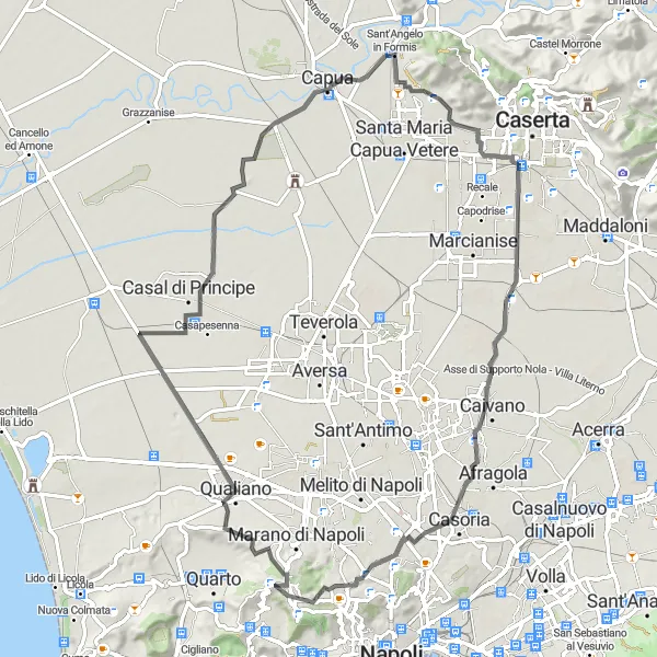 Miniatura della mappa di ispirazione al ciclismo "Giro in bicicletta Torre Caracciolo - Giugliano in Campania" nella regione di Campania, Italy. Generata da Tarmacs.app, pianificatore di rotte ciclistiche