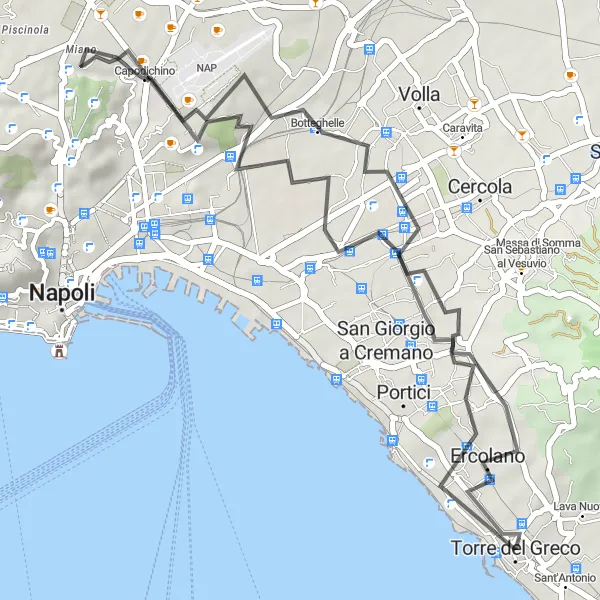 Miniatura della mappa di ispirazione al ciclismo "Tour in bicicletta tra Ercolano e Ponticelli" nella regione di Campania, Italy. Generata da Tarmacs.app, pianificatore di rotte ciclistiche