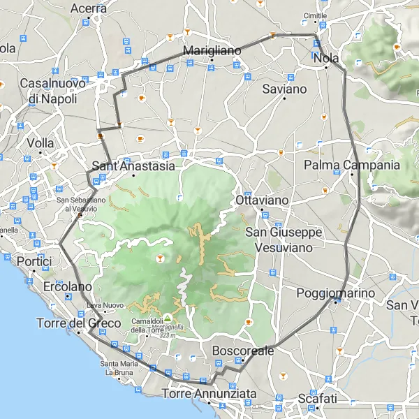 Miniatura della mappa di ispirazione al ciclismo "Giro ciclistico da Ercolano a Boscoreale" nella regione di Campania, Italy. Generata da Tarmacs.app, pianificatore di rotte ciclistiche