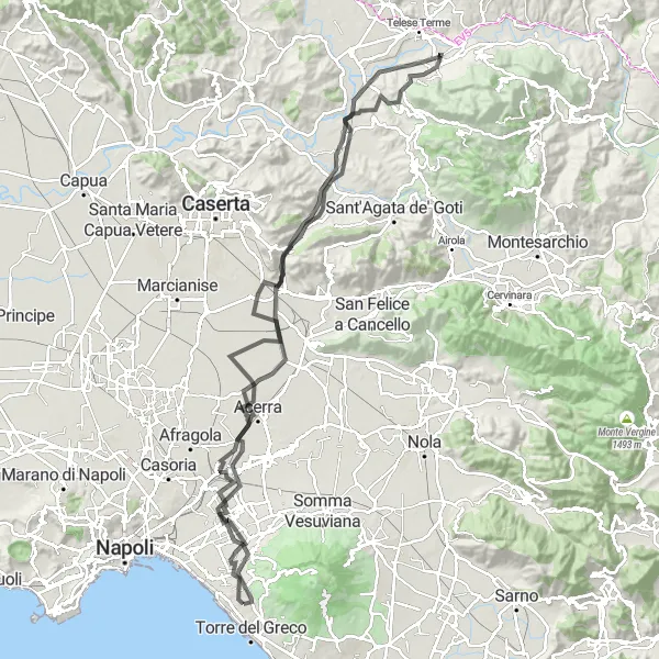 Map miniature of "Mountainous Escape" cycling inspiration in Campania, Italy. Generated by Tarmacs.app cycling route planner